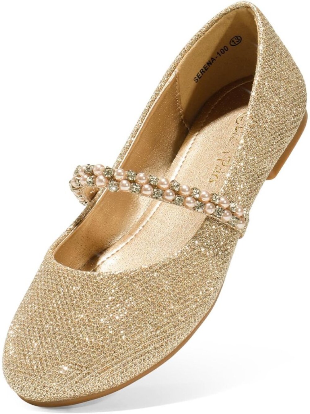 Dream Pairs Women's Gold Glitter Round Toe Pearl Straps Mary Jane Ballet Flats